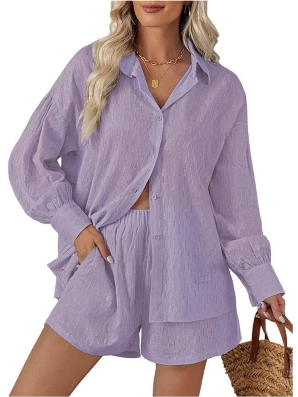 Women's Lavender Two-Piece Lounge Set - Button Shirt & Shorts
